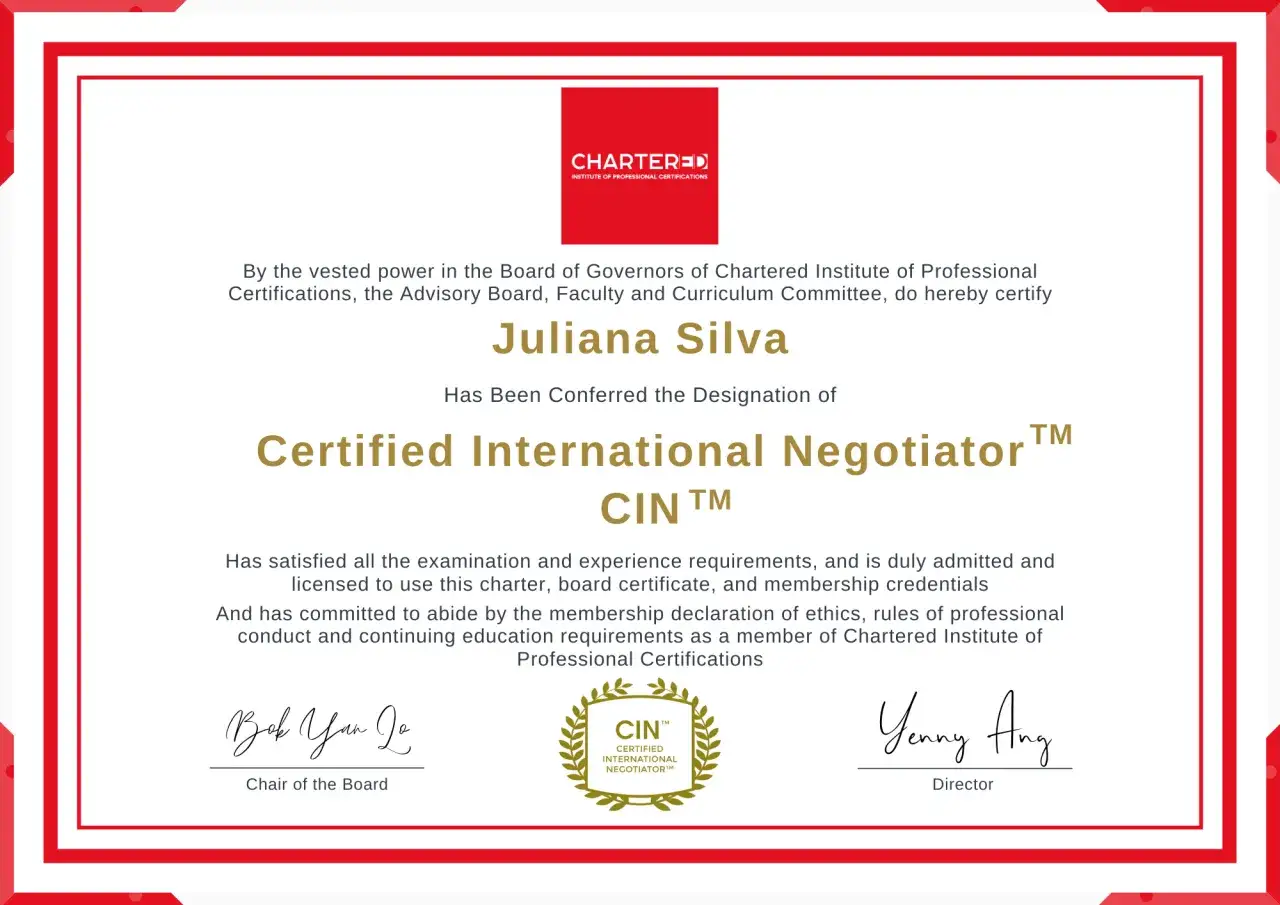 Certificate for Juliana Silva, Certified International Negotiator, showcasing her achievement in negotiation certificate programs.