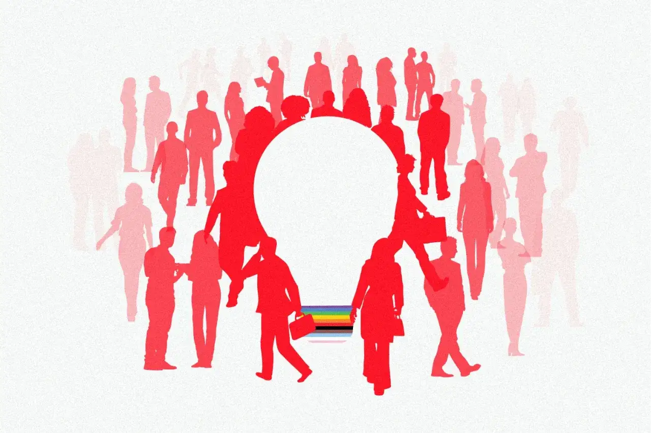 Silhouettes of people surround a lightbulb, symbolizing innovation leadership training. A rainbow stripe is visible at the base of the bulb.