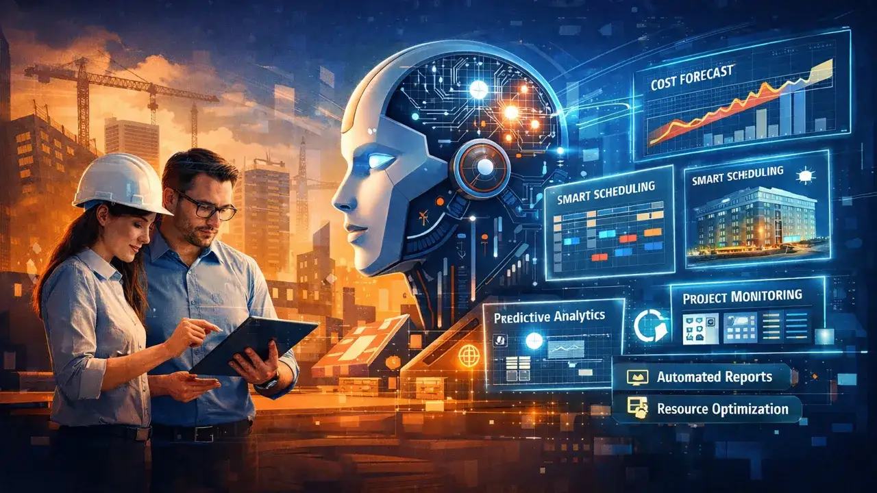 Engineers review data on a tablet as a futuristic AI head looms, displaying charts for cost forecast, smart scheduling, and project monitoring, hinting at how AI will take over project management.