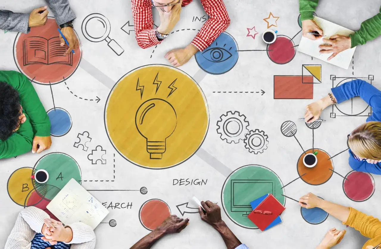 Team brainstorming on innovation leadership development, with a lightbulb symbolizing ideas and gears representing process.