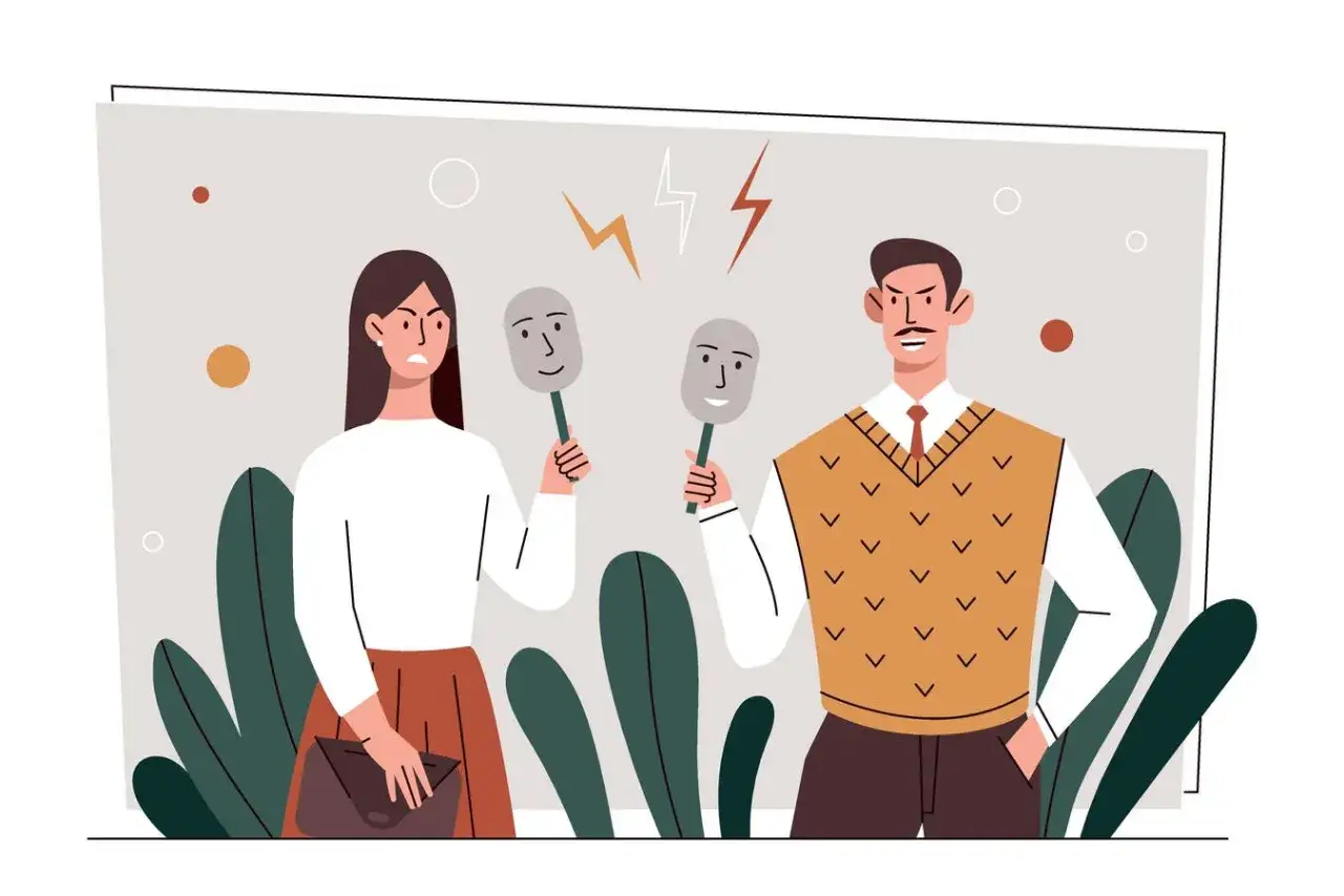 Illustration of a woman and man holding masks, symbolizing how to deal with passive aggressive coworkers.
