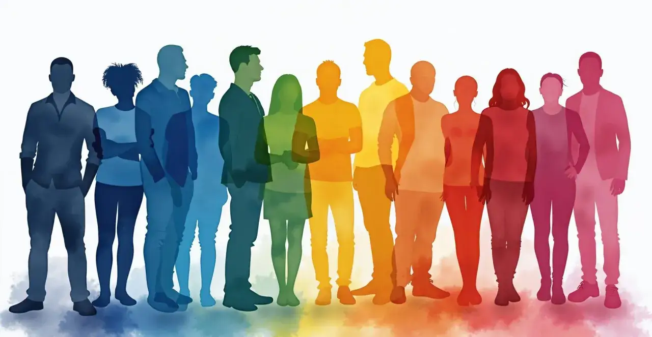 Silhouettes of diverse people in a rainbow of colors, representing strategic talent management and a vibrant workforce.