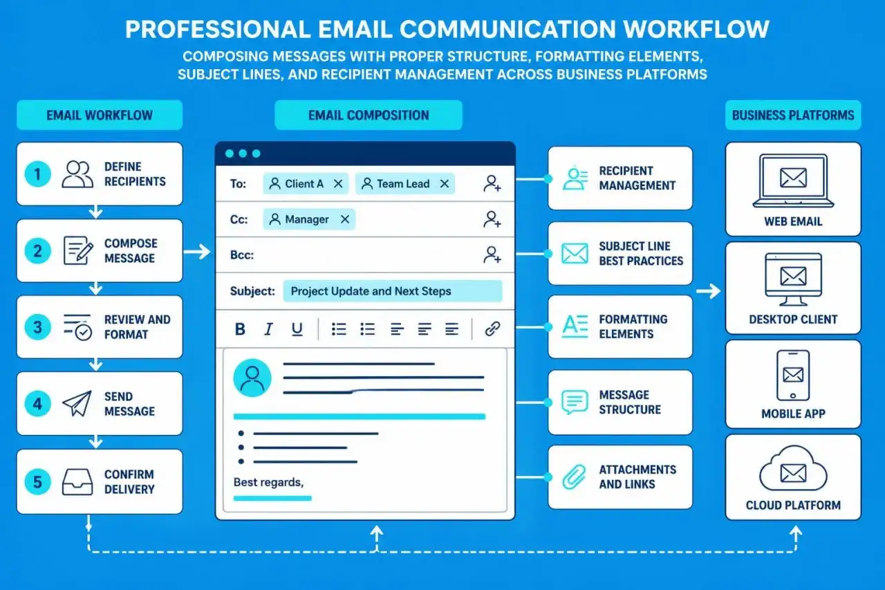 Learn how to write an email professionally with this workflow: define recipients, compose, review, send, and confirm delivery. Covers recipient management, subject lines, formatting, and more.