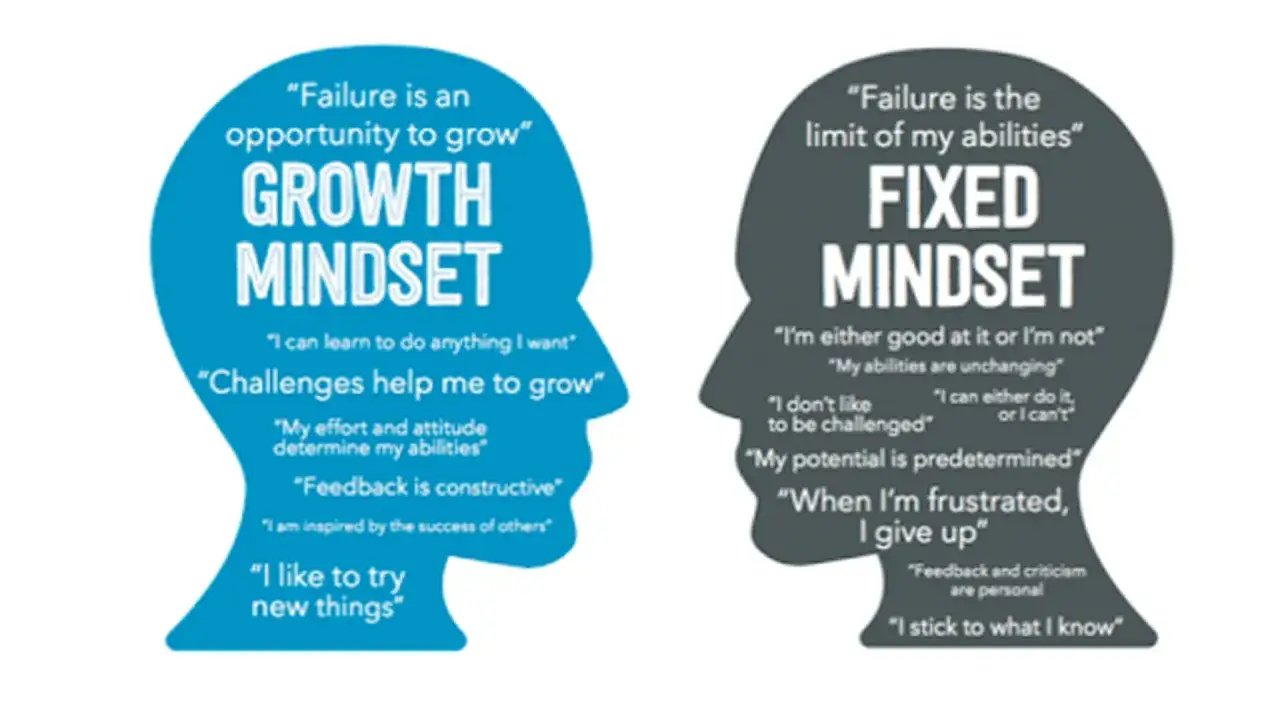 Two heads facing each other, one blue representing a growth mindset culture, the other grey for a fixed mindset.